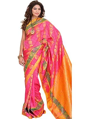 Honeysuckle-Pink Saree from Bangalore with Self Weave and Woven Paisleys on Pallu
