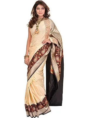 Antique-White Jamawar Sari from Banaras with Kadhwa Paisleys on Border