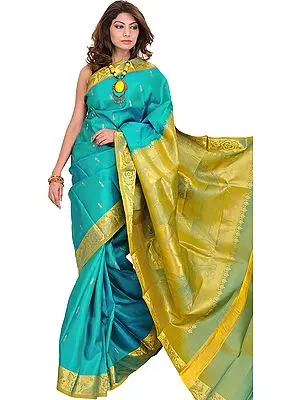Tile-Blue Kanjivaram Handloom Sari with Woven Little Krishna on Pallu
