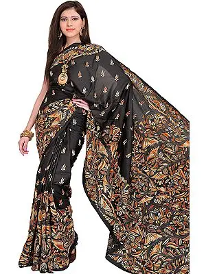 Phantom-Black Sari from Kolkata with Kantha Hand-Embroidery All-Over