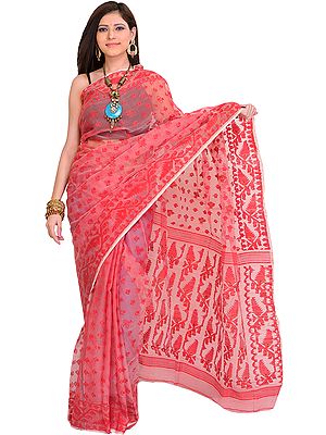 Rococco-Red Jamdani Sari from Bengal with Woven Bootis