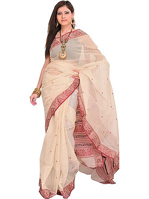 White-Swan Baluchari Sari from Bengal with Woven Bootis