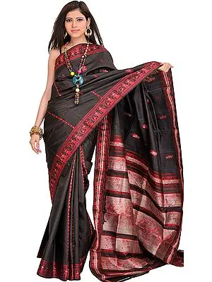Caviar-Balck Baluchari Sari from Kolkata Depicting Hindu Mythological Episodes