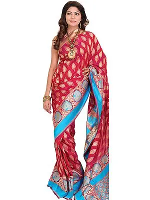Sangria-Red Banarasi Jamawar Sari with Hand-woven Leaves and Brocaded Aanchal