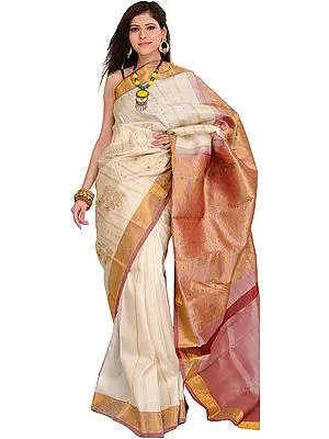 Ivory Kanjivaram Sari with Woven Flowers and Golden Thread Weave