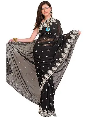 Jet-Black Wedding Sari with Embroidered Beads and Stone-Work