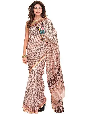 Cream-Pink Chanderi Sari with Kalamkari Printed Paisleys All-Over