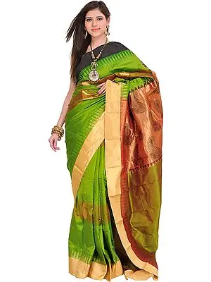 Peridot-Green Sari from Bangalore with Woven Paisleys and Temple Border