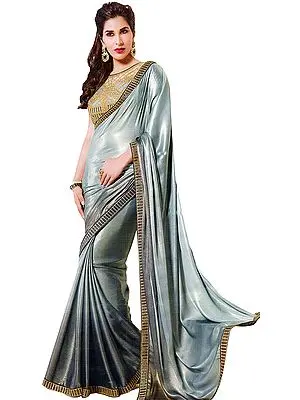 Gray Double-Shaded Shimmer Sari with Sequined Patch Border and Embroidered Blouse
