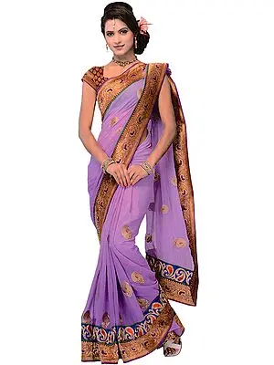 Viola-Purple Wedding Sari with Embroidered Paisleys and Brocaded Patch Border