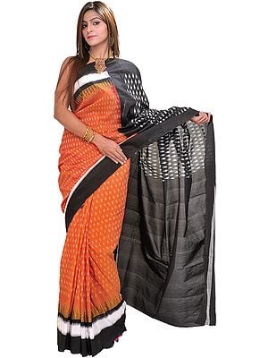 Adobe-Brown and Black Ikat Sari from Pochampally with Woven Bootis