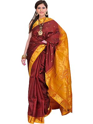 Oxblood-Red Kanjivaram Handloom Sari with Woven Bal Gopal on Aanchal