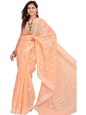 Tropical-Peach Sari from Lucknow with Chikan Embroidered Flowers by Hand