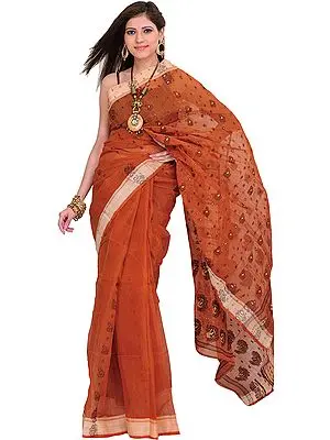 Amber-Brown Tangail Sari from Bengal with Woven Paisleys