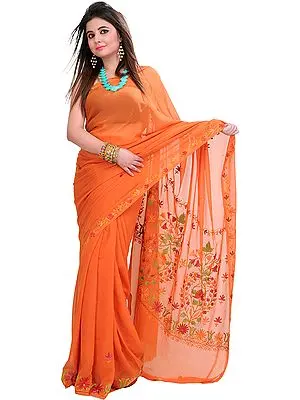 Mecca-Orange Sari from Kashmir with Aari-Embroidery