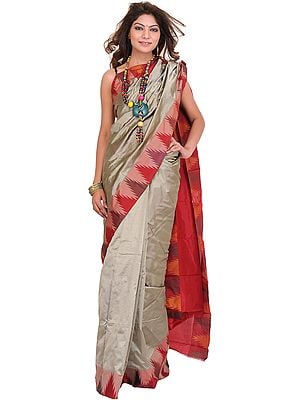 Aluminum-Colored Plain Sari from Karnataka with Woven Temple Border