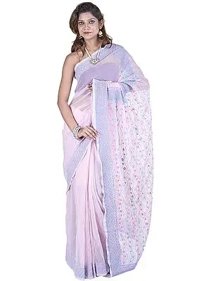 Pink-Dogwood Sari from Lucknow with Chikan Embroidery by Hand