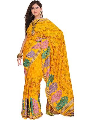 Yellow Sari with Printed Flowers and Kantha Embroidery