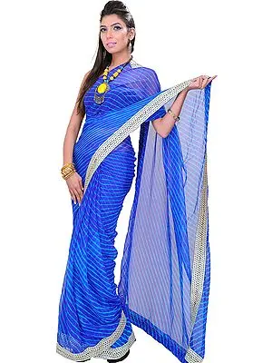 Dazzling-Blue Leharia Sari from Jodhpur with Gota Border