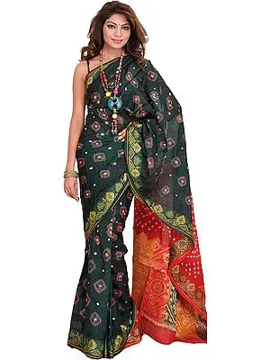 Dark Green and Red Bandhani Tie-Dye Sari from Rajasthan with Woven Aanchal