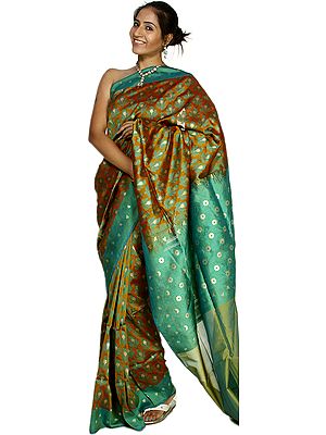 Harvest-Gold and Green Banarasi Sari with Woven Paisleys All-Over