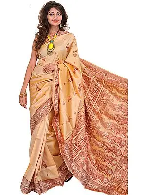 Marzipan-Colored Baluchari Sari from Kolkata Depicting Mythological Episodes from Ramayana