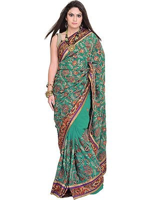 Dynasty-Green Wedding Sari with Embroidered Paisleys and Sequins