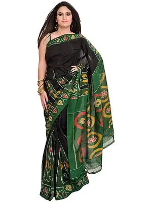 Black and Green Handloom Sari from Pochampally with Ikat Weave