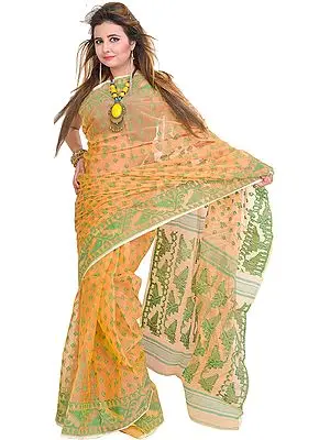 Buff-Orange Jamdani Sari from Bengal with Woven Bootis