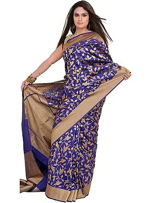 Mazarine-Blue Banarasi Sari with Woven Birds in Zari Thread