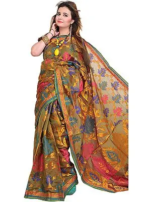Olive-Green Banarasi Sari with Large Woven Flowers and Zari Weave