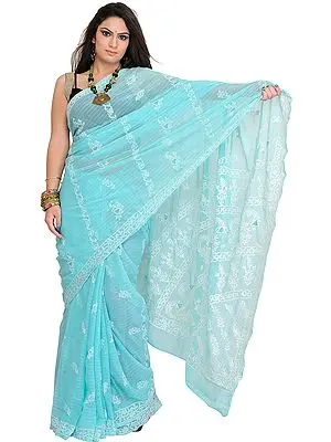 Aqua-Sky Sari from Lucknow with Woven Stripes and Chikan Embroidery by Hand