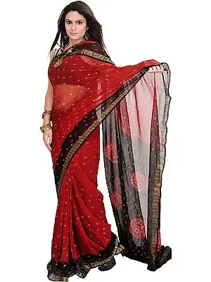 Maroon and Black Bandhani Tie-Dye Sari from Gujarat with Woven Border