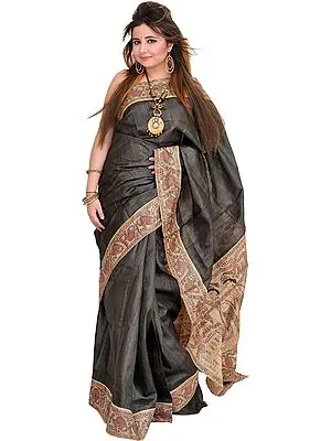 Dark-Shadow Sari from Bihar with Hand-Painted Madhubani Folk Motifs on Aanchal