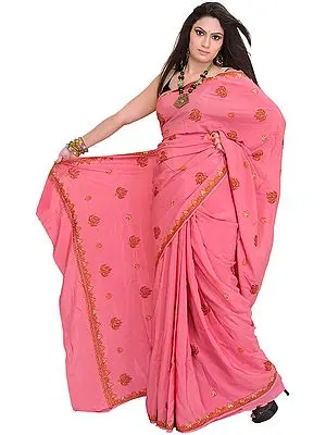 Wild-Rose Sari from Kashmir with Sozni Embroidered Maple Leaves by Hand