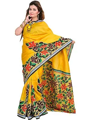 Mimosa-Yellow Sari from Kolkata with Hand-Painted Flowers and Kantha Embroidery by Hand