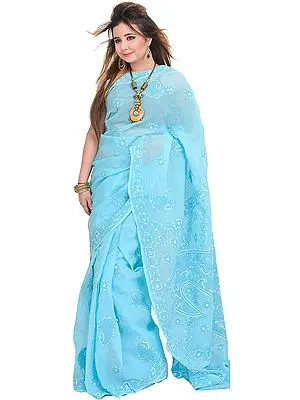 Plume-Blue Sari from Lucknow with Chikan Hand-Embroidered Paisleys