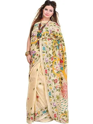 Cream Sari from Kolkata with Kantha Embroidered Foliage by Hand