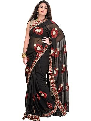 Jet-Black Floral Embroidered Wedding Saree with Crystals and Patch Borde