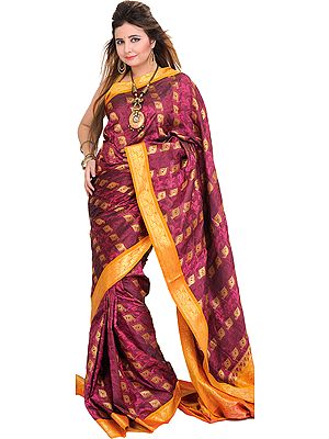 Boysenberry and Nugget Brocaded Saree from Bangalore with Woven Paisleys and Zari Weave