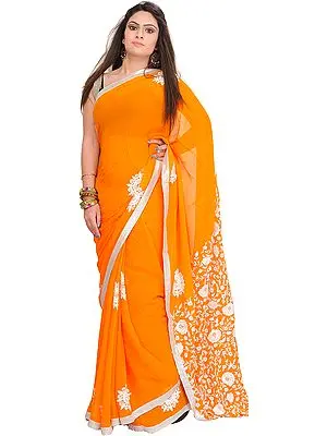 Flame-Orange Sari from Punjab with Phulkari Embroidered Flowers and Gota Border