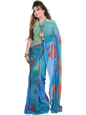 Green and Blue Shaded Casual Sari with Digital-Printed Roses