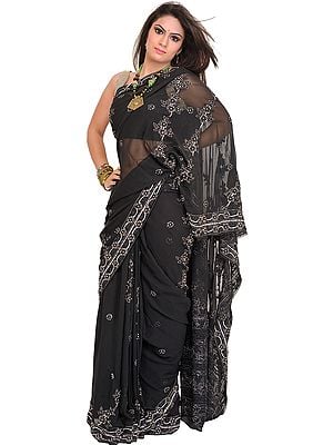 Jet-Black Chikan Hand-Embroidered Sari from Lucknow with Sequins and Beads