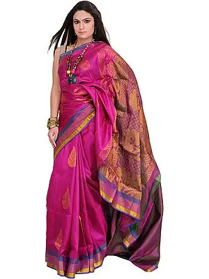Vivid-Viola Saree from Bangalore with Woven Leaves in Zari Thread