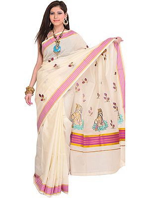 Ivory Kasavu Sari from Kerala with Embroidered Baby Krishna on Aanchal