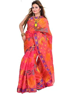 Bubblegum-Pink Sari from Banaras with Hand-Woven Paisleys and Flowers