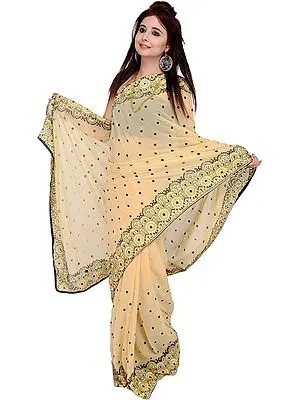 Italian-Straw Wedding Sari with Floral-Embroidered Border and Bootis