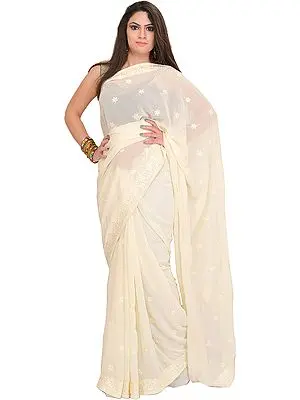 Ivory Georgette Sari with Floral Embroidery in self-Colored Thread
