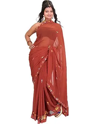 Ketchup-Red Sari from Kashmir with Aari-Embroidered Flowers