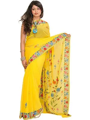 Aspen-Gold Sari from Kashmir with Aari-Embroidered Flowers